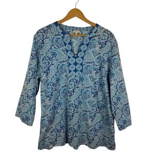 Talbots Paisley Tunic Top Size XL Blue Coastal Lightweight Cotton Resort‎ Beachy